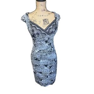 Adriana Papell Gray Black Paisley Bodycon Lowcut Sexy Stretchy Date‎ Night Dress